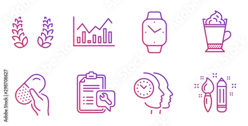 Laurel wreath, Spanner and Time management line icons set. Infochart, Smartwatch and Capsule pill signs. Latte coffee, Creativity symbols. Laureate reward, Repair service. Vector