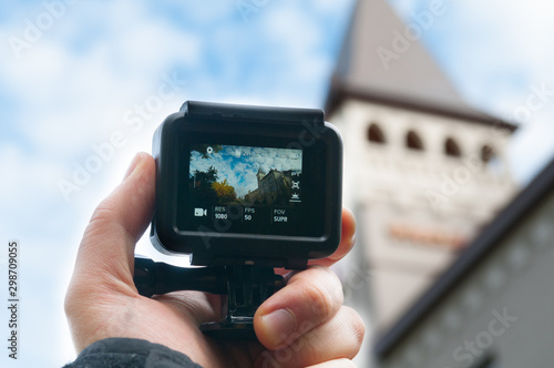 Action camera filming the castle on the background