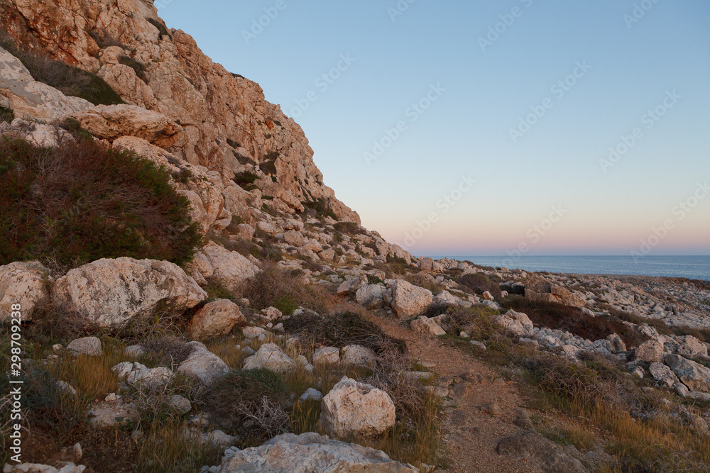 Cape Greko national park view. Rocks, hills, meadows and sea coast.