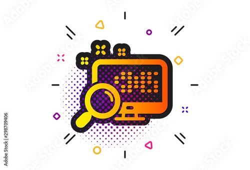 Find data sign. Halftone circles pattern. Search in computer icon. Magnify glass. Classic flat search icon. Vector