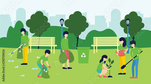 Volunteering, social concept. Volunteer team of people cleaning garbage and plant a trees on lawn of city park, vector flat illustration. Ecological lifestyle.