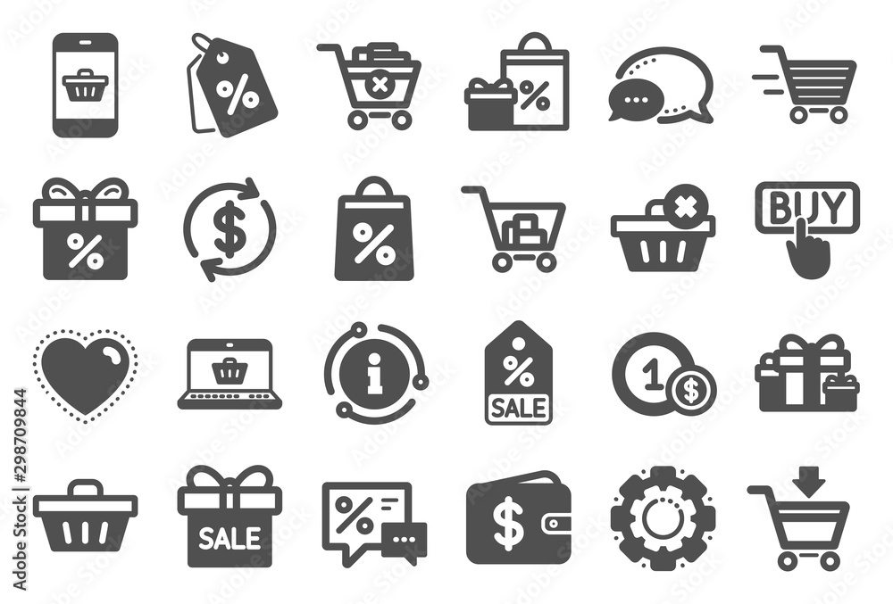 Shopping wallet icons. Gift, Present and Sale offer signs. Shopping cart, Delivery gift and Tags symbols. Speech bubble, Discount, sale and wallet. Online buying. Surprise present. Quality set. Vector Shopping wallet icons. Gift, Present and Sale offer signs. Shopping cart, Delivery gift and Tags symbols. Speech bubble, Discount, sale and wallet. Online buying. Surprise present. Quality set. Vector