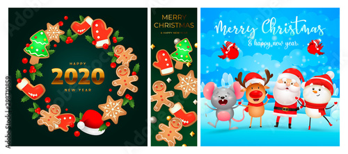 Merry Christmas green, blue banner set with gingerbread wreath