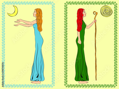 Two women. A woman with a staff, stick. A woman with outstretched arms. Goddess of the moon and goddess of the sun. Vector illustration