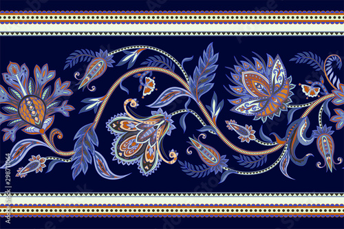 Seamless border with ethnic ornament elements and paisleys. Folk flowers and leaves for print or embroidery.