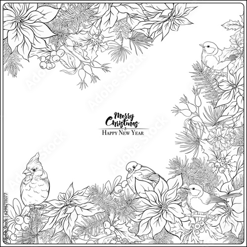 Christmas wreath of spruce, pine, poinsettia and winter birds. Coloring page for the adult coloring book. Outline hand drawing vector illustration