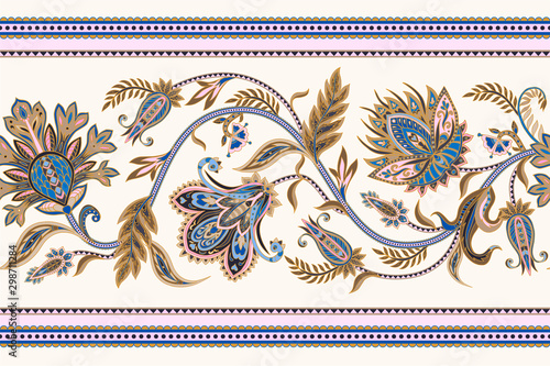 Seamless border with ethnic ornament elements and paisleys. Folk flowers and leaves for print or embroidery.