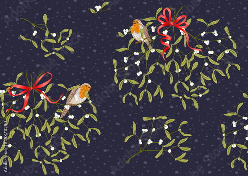 Seamless pattern, background. Mistletoe, Robin bird and ribbon. Colored vector illustration