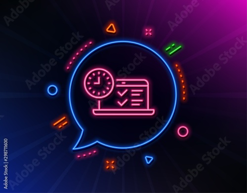 Online test line icon. Neon laser lights. Time sign. Examination symbol. Glow laser speech bubble. Neon lights chat bubble. Banner badge with online test icon. Vector