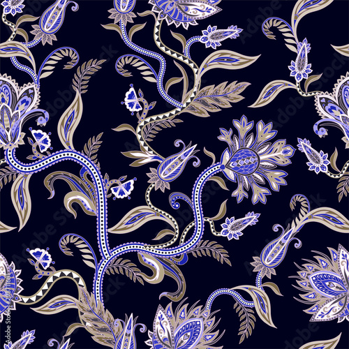 Seamless pattern with ethnic ornament elements and paisleys. Folk flowers and leaves for print or embroidery.