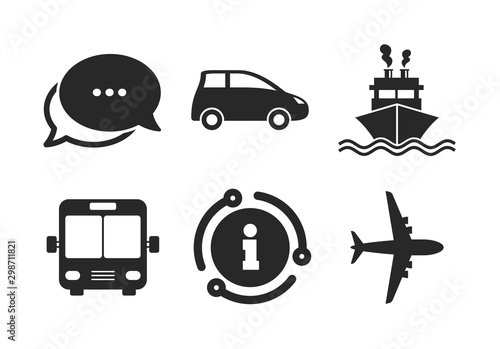 Car, Airplane, Public bus and Ship signs. Chat, info sign. Transport icons. Shipping delivery symbol. Air mail delivery sign. Classic style speech bubble icon. Vector
