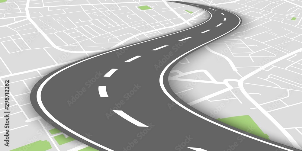 Curved perspective road above city map - obrazy, fototapety, plakaty 