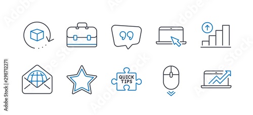 Set of Technology icons, such as Web mail, Portfolio, Quick tips, Graph chart, Scroll down, Portable computer, Star, Quote bubble, Return package, Sales diagram line icons. Line web mail icon. Vector