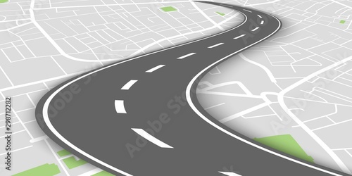Curved perspective road above city map