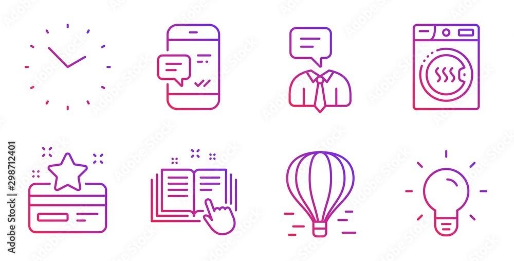Air balloon, Loyalty card and Time line icons set. Dryer machine, Support service and Smartphone notification signs. Technical documentation, Light bulb symbols. Flight travel, Bonus points. Vector Air balloon, Loyalty card and Time line icons set. Dryer machine, Support service and Smartphone notification signs. Technical documentation, Light bulb symbols. Flight travel, Bonus points. Vector