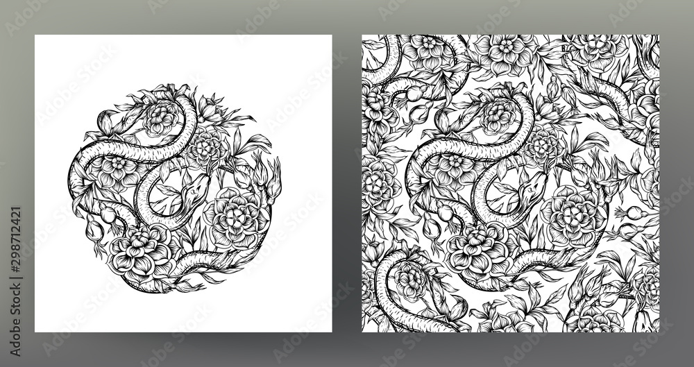 Roses ands snake. Set of element and seamless pattern, background. Graphic drawing, engraving style. Vector illustration. In art nouveau style, vintage, old, retro style..