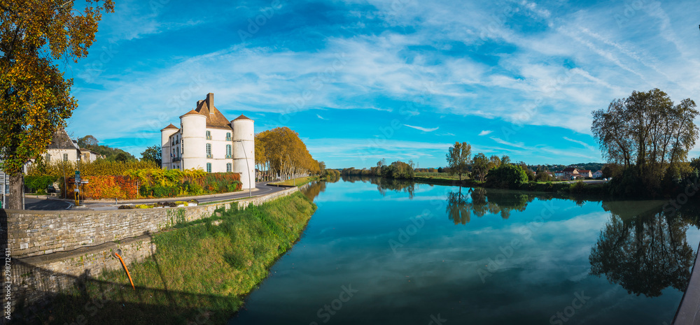 Peyrehorade, Landes / France »; October 25, 2019: Panoramic river and town hall in the municipality of Landes de Peyrehorade