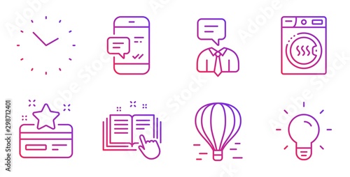 Air balloon, Loyalty card and Time line icons set. Dryer machine, Support service and Smartphone notification signs. Technical documentation, Light bulb symbols. Flight travel, Bonus points. Vector