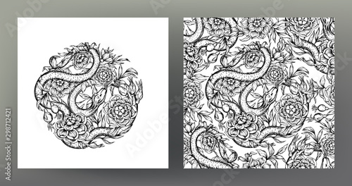 Roses ands snake. Set of element and seamless pattern, background. Graphic drawing, engraving style. Vector illustration. In art nouveau style, vintage, old, retro style..