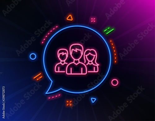 Group line icon. Neon laser lights. Users or Teamwork sign. Male and Female Person silhouette symbol. Glow laser speech bubble. Neon lights chat bubble. Banner badge with teamwork icon. Vector