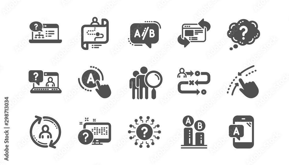 UX icons. AB testing, Journey path map and Question mark. Quiz test classic icon set. Quality set. Vector