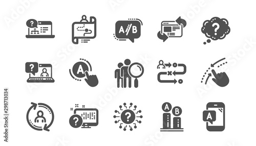 UX icons. AB testing, Journey path map and Question mark. Quiz test classic icon set. Quality set. Vector