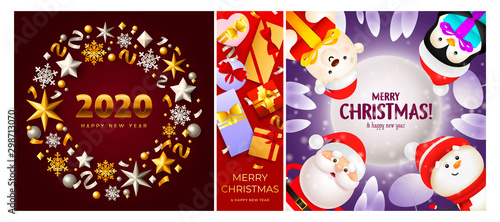 Merry Christmas red, violet banner set with wreath, animals