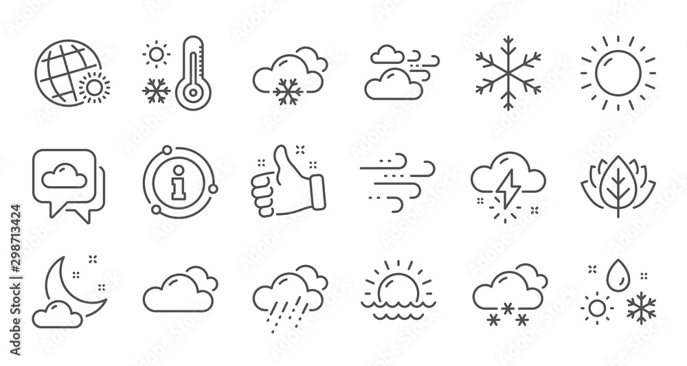 Weather and forecast line icons. Cloudy sky, winter snowflake, thermometer. Moon night, rain and sunset icons. Weather temperature, meteorology forecast. Linear set. Quality line set. Vector