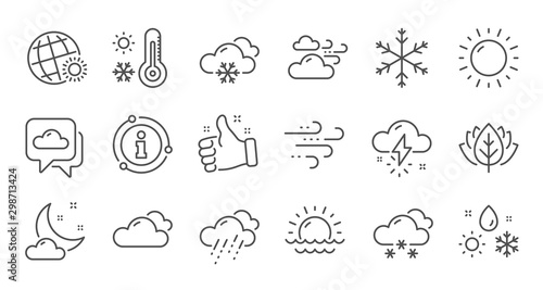 Weather and forecast line icons. Cloudy sky, winter snowflake, thermometer. Moon night, rain and sunset icons. Weather temperature, meteorology forecast. Linear set. Quality line set. Vector