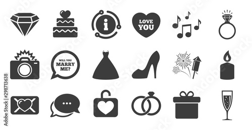 Set of Wedding and Engagement icons. Information, chat bubble icon. Cake with heart, Gift box and Letter signs. Dress, Fireworks and Musical notes symbols. Quality set. Vector