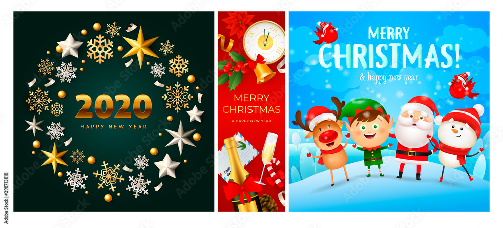 Merry Christmas red, green, blue banner set with wreath, animals