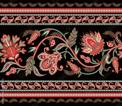 Seamless border with ethnic ornament elements and paisleys. Folk flowers and leaves for print or embroidery.