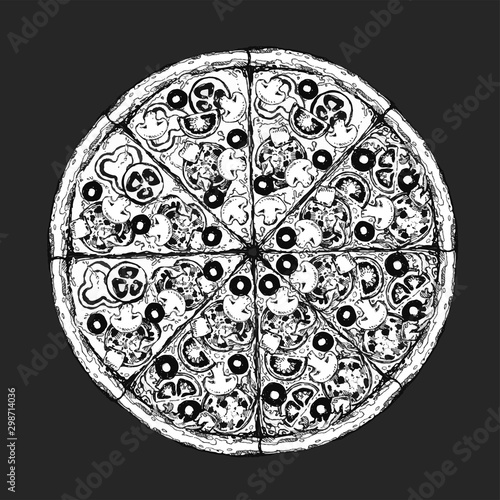 Vector drawing, pizza, table, organic food ingredients. Hand drawn pizza illustration. Great for menu, poster or label.