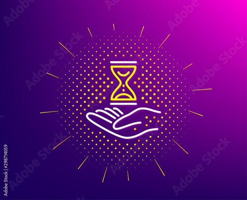 Time hourglass in hand line icon. Halftone pattern. Sand watch sign. Gradient background. Time hourglass line icon. Yellow halftone pattern. Vector