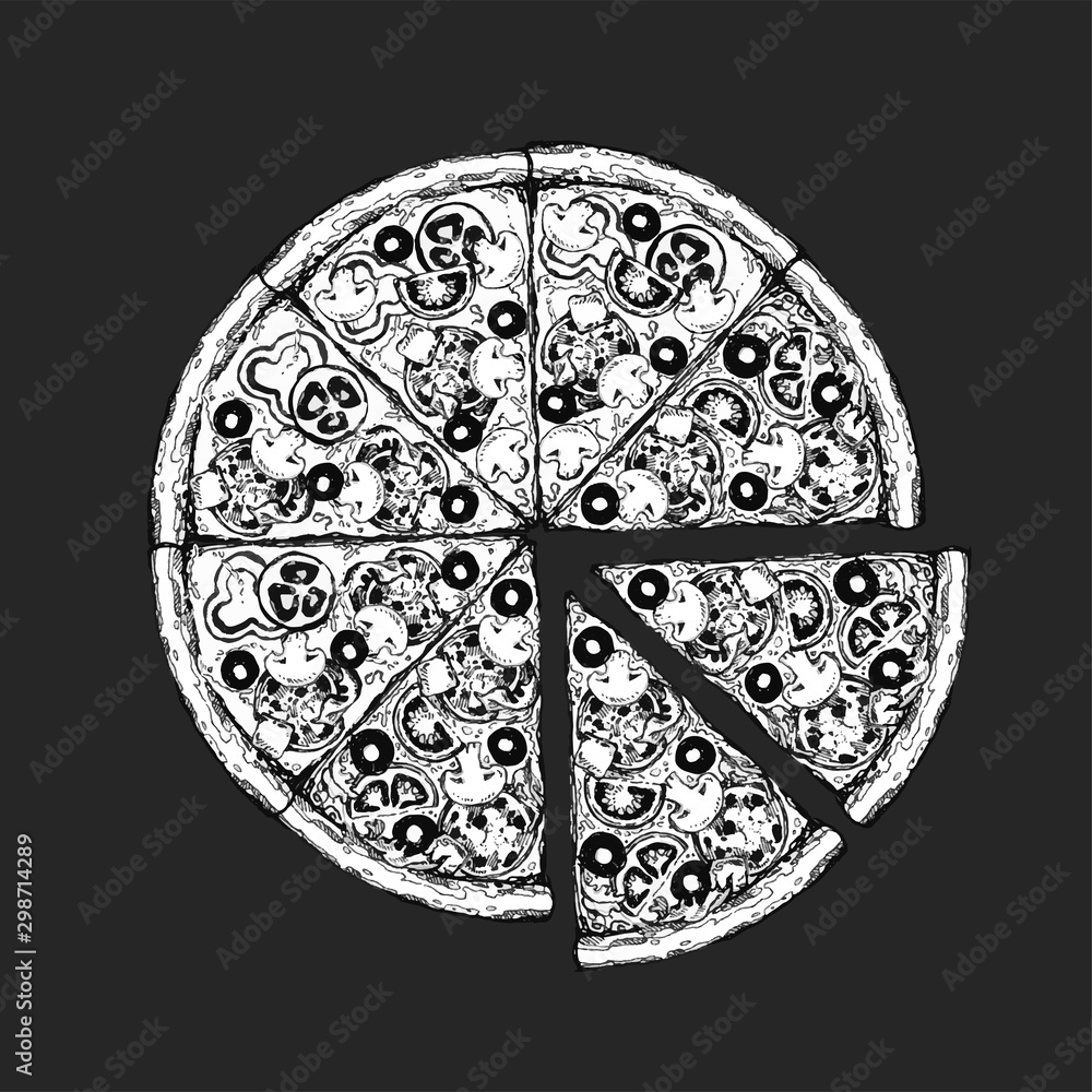 Vector drawing, pizza, table, organic food ingredients. Hand drawn pizza illustration. Great for menu, poster or label.