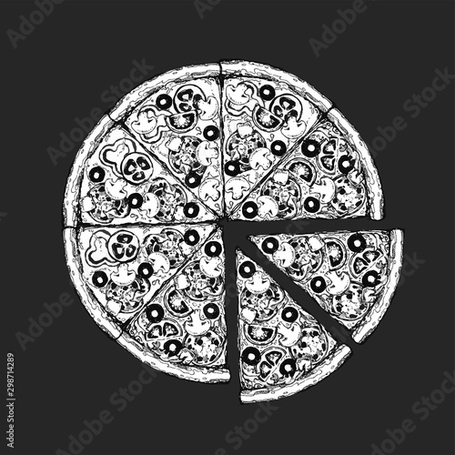 Vector drawing, pizza, table, organic food ingredients. Hand drawn pizza illustration. Great for menu, poster or label.