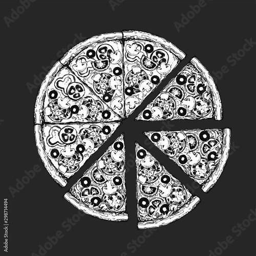 Vector drawing, pizza, table, organic food ingredients. Hand drawn pizza illustration. Great for menu, poster or label.