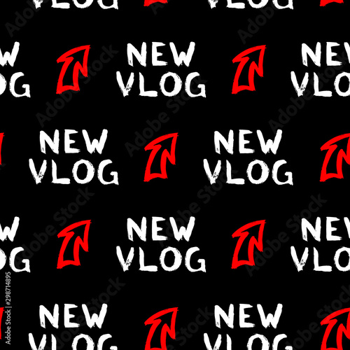 Vlog, video blogging seamless pattern. Streaming channel player vector wallpaper. Black background.