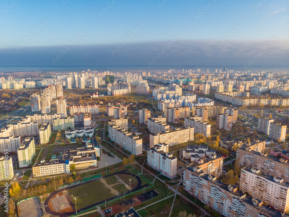 The view of industrial Minsk, Belarus. Drone aerial shot