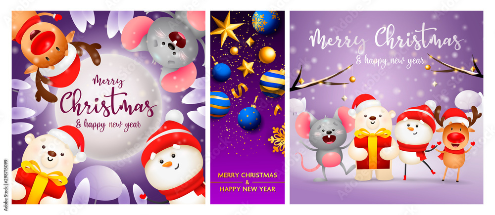 Fototapeta premium Merry Christmas violet banner set with animals