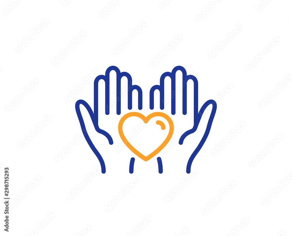 Obraz premium Friends love sign. Hold heart line icon. Friendship hand symbol. Colorful outline concept. Blue and orange thin line hold heart icon. Vector