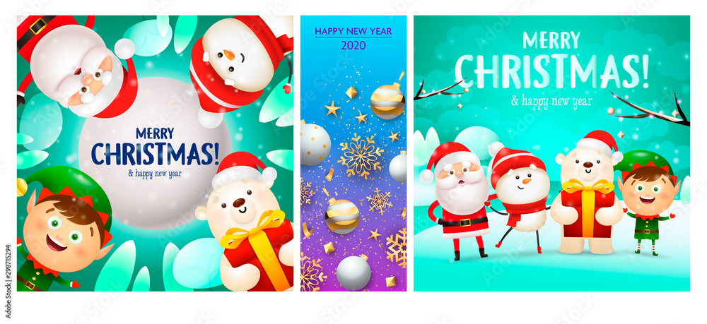 Fototapeta premium Merry Christmas cyan, blue banner set with Santa