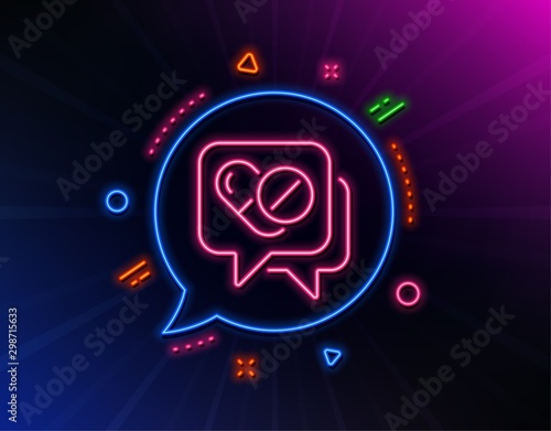 Medical drugs line icon. Neon laser lights. Medicine pills sign. Pharmacy medication symbol. Glow laser speech bubble. Neon lights chat bubble. Banner badge with medical drugs icon. Vector
