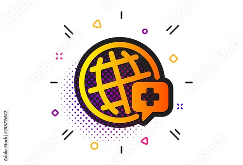 Medical help sign. Halftone circles pattern. World medicine icon. Pharmacy medication symbol. Classic flat world medicine icon. Vector