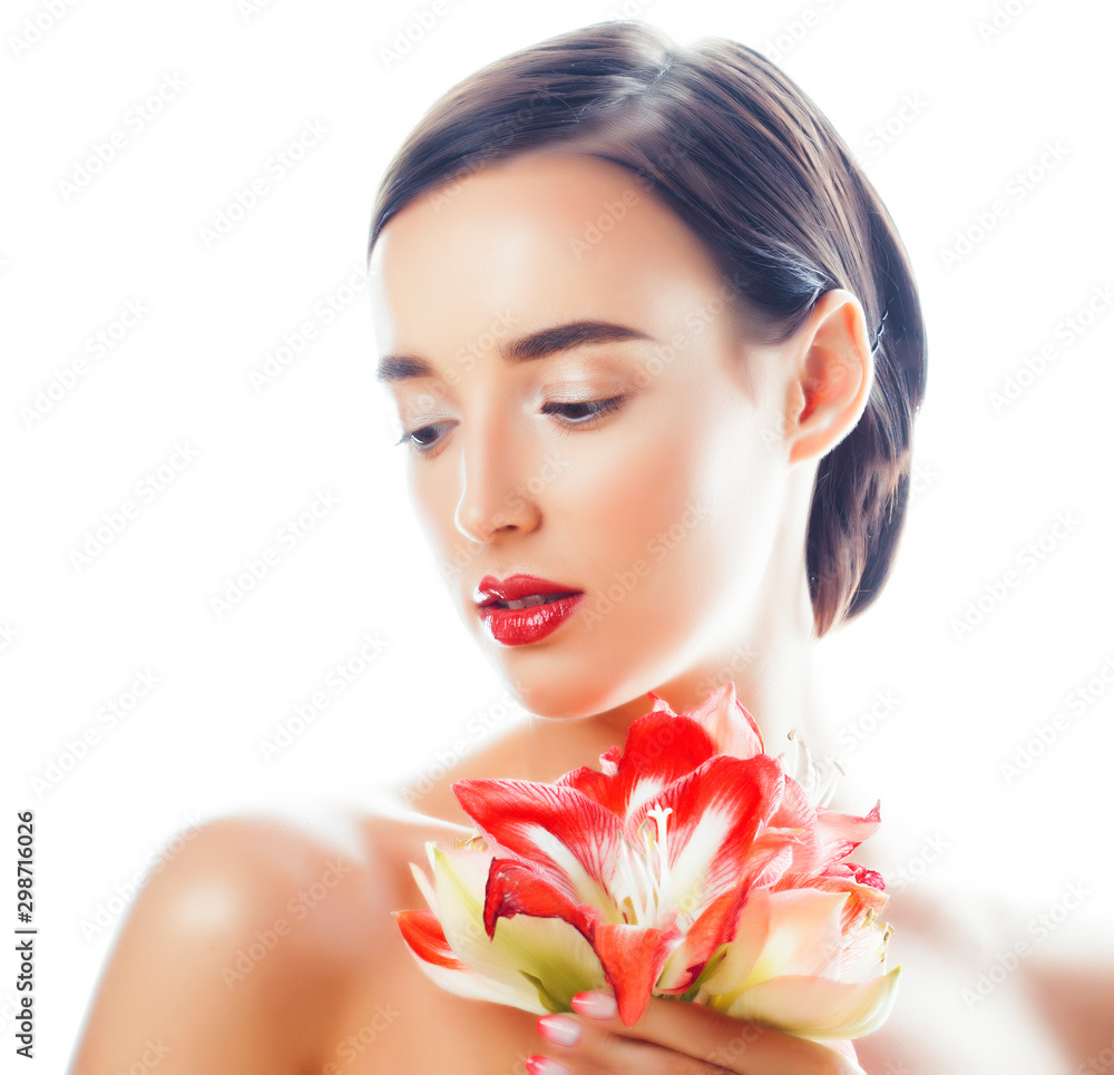 young pretty brunette real woman with red flower amaryllis closeup isolated on white background. Fancy fashion makeup, bright lipstick, creative Ombre manicured nails young pretty brunette real woman with red flower amaryllis closeup isolated on white background. Fancy fashion makeup, bright lipstick, creative Ombre manicured nails