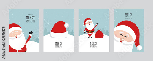 Christmas card set. Merry Christmas and Happy New Year greeting with cute santa claus lettering vector.