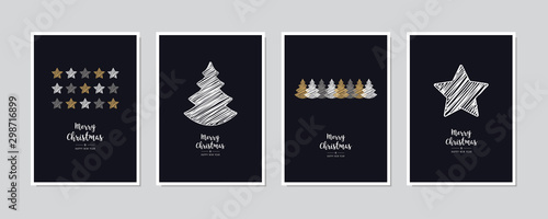 Merry Christmas greeting card set text lettering blue background vector.