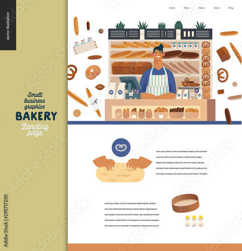 Bakery -small business illustrations -landing page design template -modern flat vector concept illustration of bread shop web page design -vendor at the counter, bread, kneading the dough, sieve, eggs