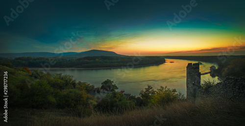 View of Morava river from castle Devin in sunset near Bratislava, Slovakia. photo