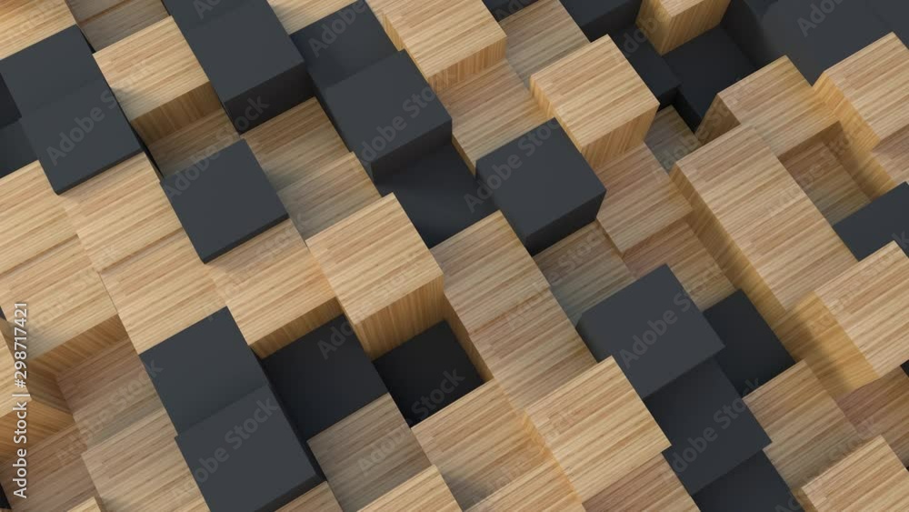 Black and wood texture cubes moving up and down. Close up of shapes 3D render animation. Abstract background with natural wooden geometric texture. 4k seamless loop. Black and wood texture cubes moving up and down. Close up of shapes 3D render animation. Abstract background with natural wooden geometric texture. 4k seamless loop.